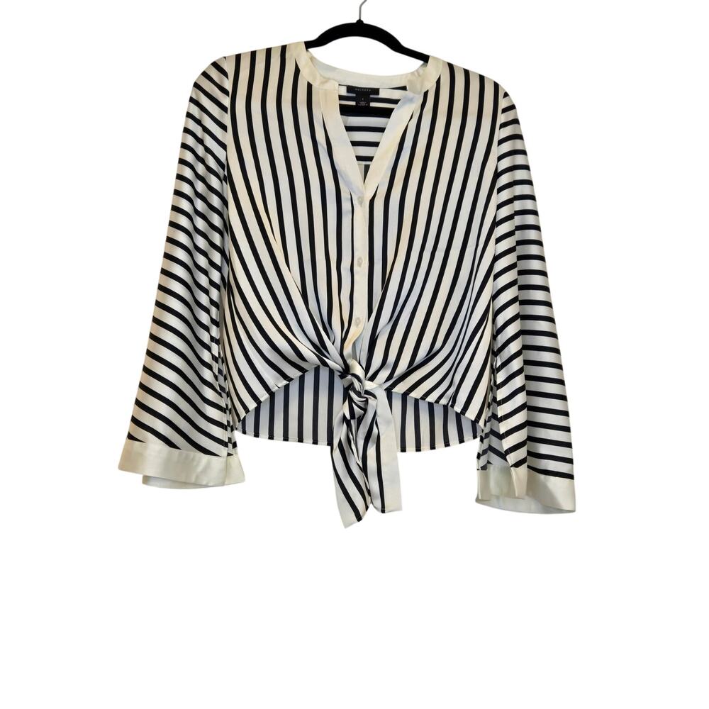 Halogen White & Black Satiny Striped Tie-Front Slit Bell Sleeve Blouse Top | S